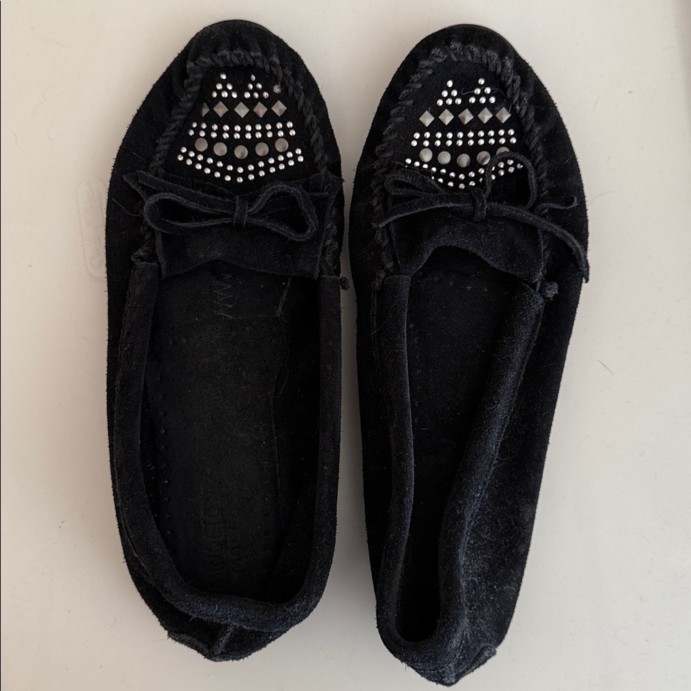 Minnetonka Black Suede Moccasins with Rhinestone Detail